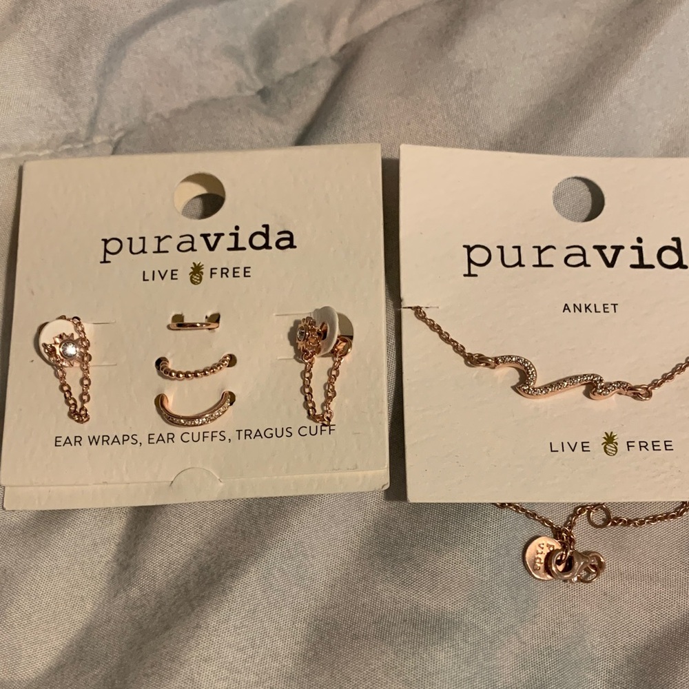 Pura Vida Rose Gold Ear Cuff Set and rose gold over sterling anklet lot zirconia